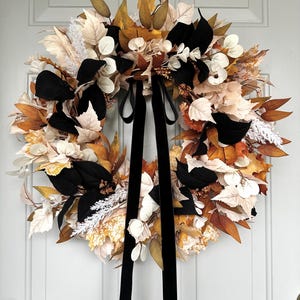 Fall Wreath with Beige Maple Leaves, White Birch Leaves, and Black Velvet Leaves; Halloween Foliage Wreath for Front Door