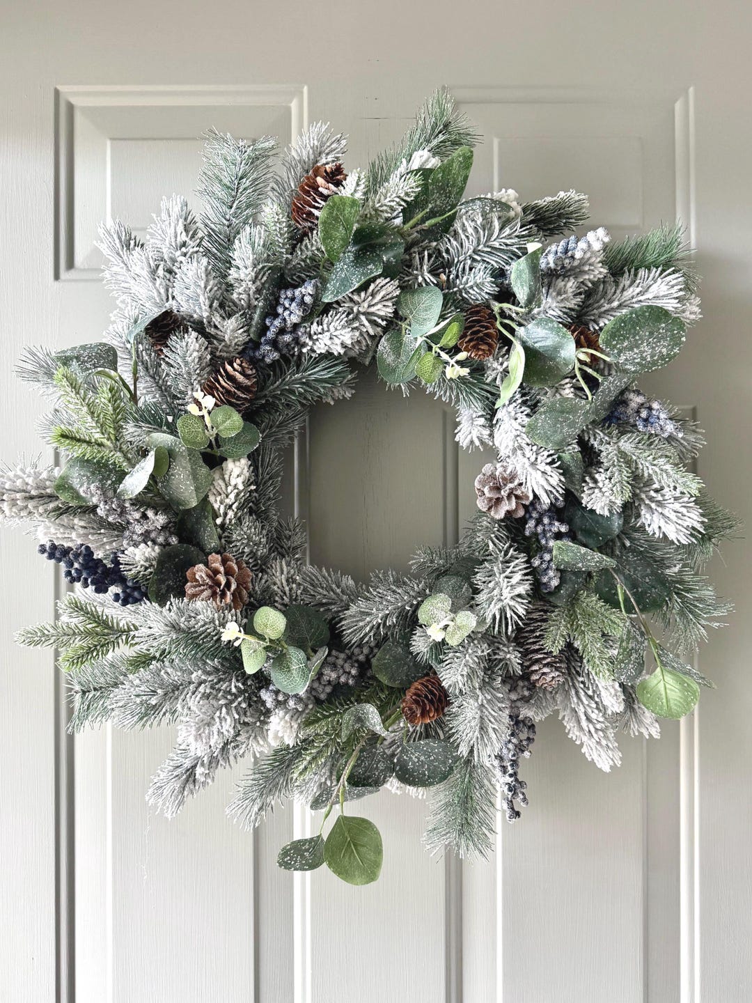 Snowy Winter Wreath With Eucalyptus , Pine, Pinecones, and Blue Berries ...