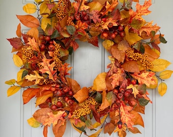 Fall Wreath with Oak Leaves and Berries; Colorful Autumn Front Door Decor; Harvest Foliage Wreath