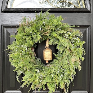 Winter Front Door Faux Cedar, Juniper, and Pine Wreath with Rustic Gold Bell, Rustic Winter Greenery Wreath