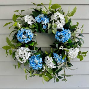 Front Door Faux Floral Hydrangea Wreath, Blue and White Summer Floral Wreath, Snowball Hydrangea Wreath