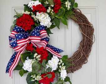 Patriotic Red and White Geranium Wreath, Summer Americana Decor