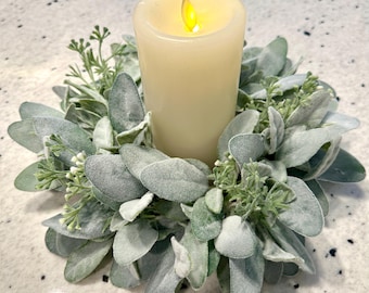 Mini Wreath Candle Ring Lamb’s Ear and White Buds, Spring Mini Wreath (candle not included)