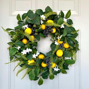 Spring Summer Front Door Faux Lemon and Blueberry Wreath, Kitchen Citrus Wreath