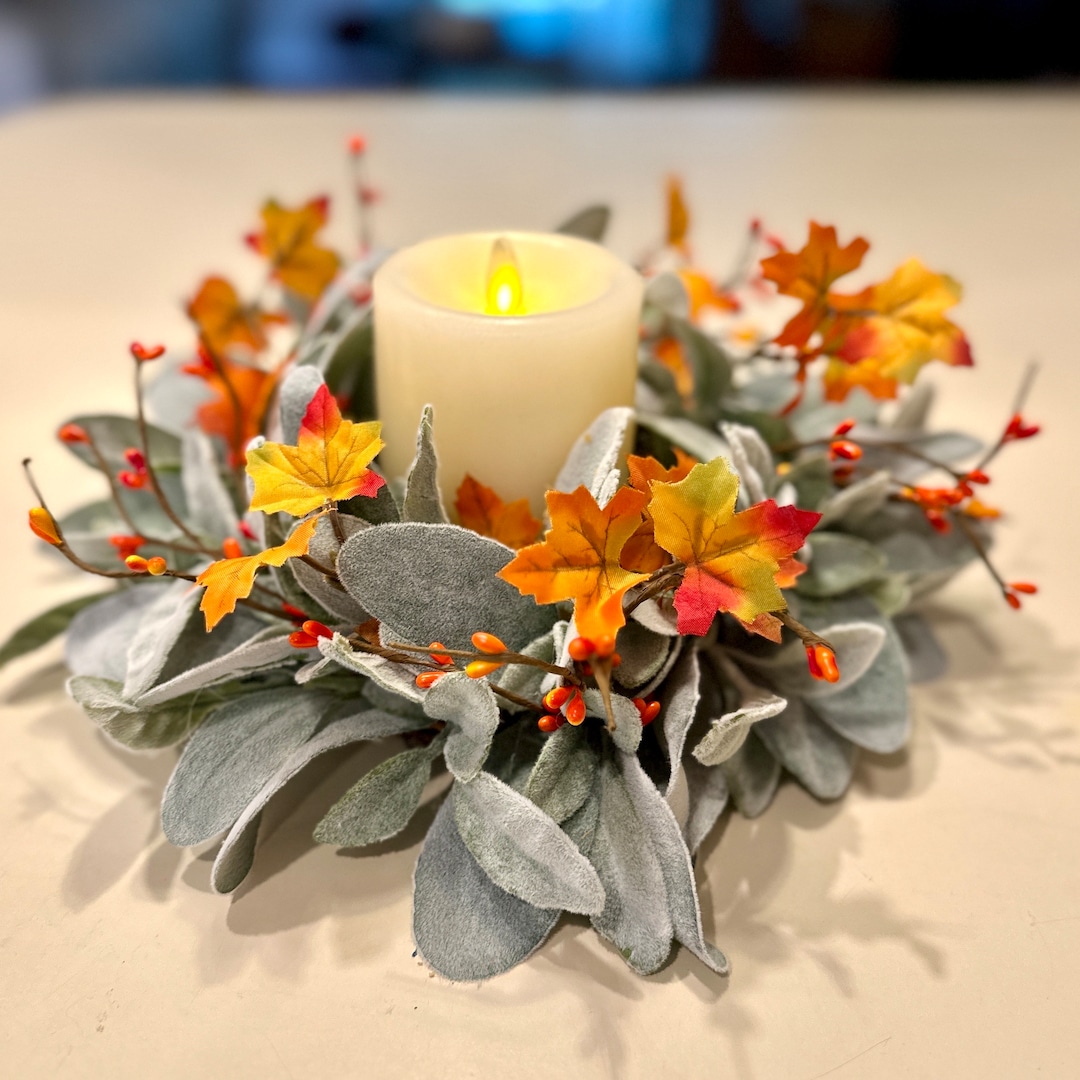 Fall Mini Wreath Candle Ring Lambs Ear With Orange Berries, Autumn Mini ...