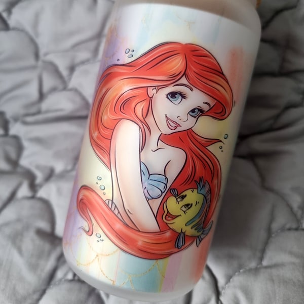 Ariel Little mermaid Glass Cup | 16oz libbey Beer can Style Glass Cup with Bamboo lid + Straw | Birthday Valentines | Disney Princess