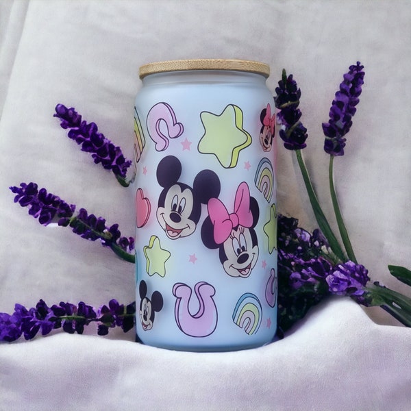 Mickey Minnie lucky charms Glass Cup | 16oz libbey Beer can Style Glass Cup with Bamboo lid + Straw | Birthday Valentines gift mouse