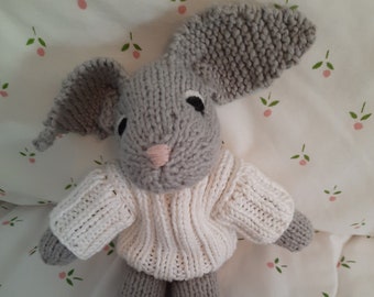 Organic cotton stuffed bunny rabbit in sweater, knitted in 100% organic soft cotton, handmade in USA