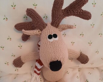 Organic cotton stuffed reindeer, 14 inch, handknitted from 100% soft organic cotton, with red and white knitted scarf
