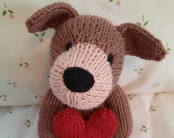 Organic stuffed puppy dog holding heart, handknitted in soft 100% organic cotton, Valentine's Gift, made in USA