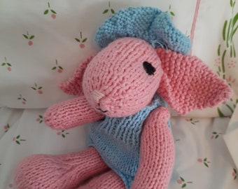 Organic stuffed rabbit in dress and hat, knitted in soft 100% organic soft cotton, handmade in USA, dressed