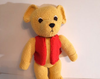 Organic cotton teddy bear, handknitted in 100% organic soft cotton, made in USA, wearing red vest