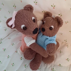 Organic mother and baby bears, knitted in soft 100% organic cotton, handmade in USA, dressed.  Sold together as a pair.