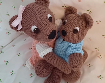 Organic mother and baby bears, knitted in soft 100% organic cotton, handmade in USA, dressed.  Sold together as a pair.