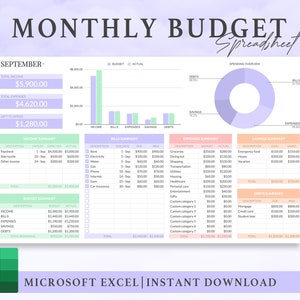 Monthly Budget Spreadsheet for Excel, Budget Planner, Budget Tracker, Track Expenses, Bills, Savings, Debt, Budget Template, Pastel