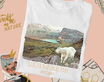 Chèvre de montagne du parc national des Glaciers, chemise du parc national des Glaciers, camping du parc des glaciers, chemise de randonnée du parc des glaciers, chemise de voyage au parc des glaciers