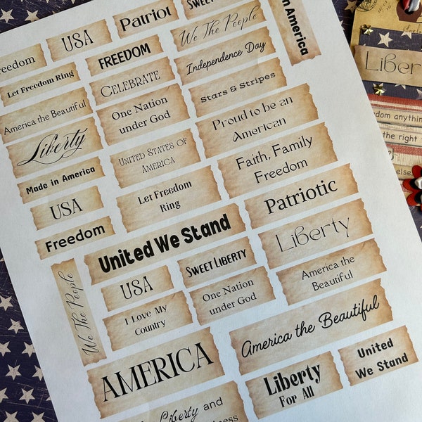 Patriotic words, Journal words, Inspirational, Junk Journal, Ephemera, Tags, Scrapbooking, Printable, Journaling, 4th of July, Patriots