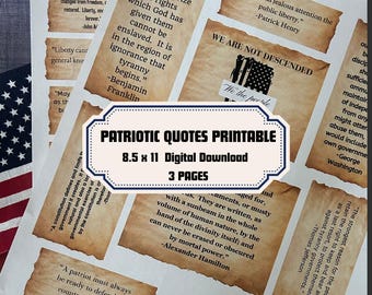 Puede incluir: Una descarga digital imprimible con citas patrióticas en papel envejecido. Las páginas de tamaño A4 muestran citas de figuras históricas. El diseño incluye una pancarta que dice "Patriotic Quotes Printable" y "3 Pages".