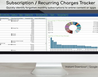 May include: A computer screen displaying a Google Sheets spreadsheet with a subscription and recurring charges tracker. The spreadsheet includes a table with recurring charges, a pie chart showing the percentage of recurring charges, and a bar chart showing the number of recurring charges.