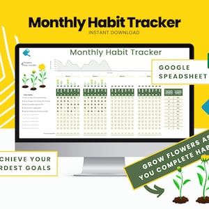 Könnte beinhalten: Eine digitale Illustration einer monatlichen Gewohnheits-Tracker-Tabelle mit einem grün-weißen Farbschema. Die Tabelle hat oben ein Diagramm und eine Liste von täglichen Gewohnheiten, die verfolgt werden sollen. Die Illustration zeigt eine Blume, die wächst, wenn Sie Gewohnheiten erfüllen. Der Text "Blumen wachsen lassen, wenn Sie Gewohnheiten erfüllen" ist auf dem Bild. Der Text "Monatlicher Gewohnheits-Tracker" befindet sich oben auf dem Bild. Der Text "Google Tabellenkalkulation" ist auf dem Bild.