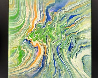 May include: Abstract painting with swirling lines of green, blue, orange, and white paint on a canvas.