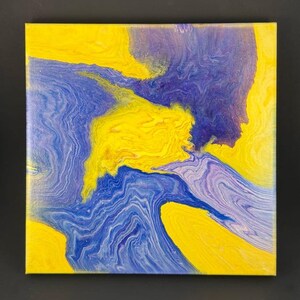 May include: Abstract painting on canvas with swirling yellow and blue paint.