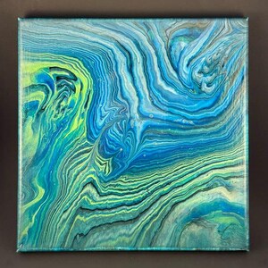 Coastline - blue green grey abstract acrylic fluid painting on canvas