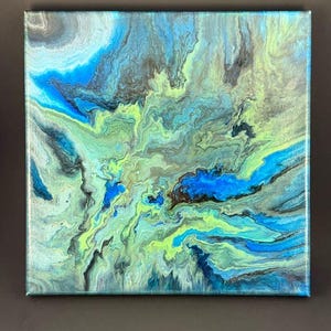 Into the Forest - blue green grey abstract acrylic fluid painting on canvas