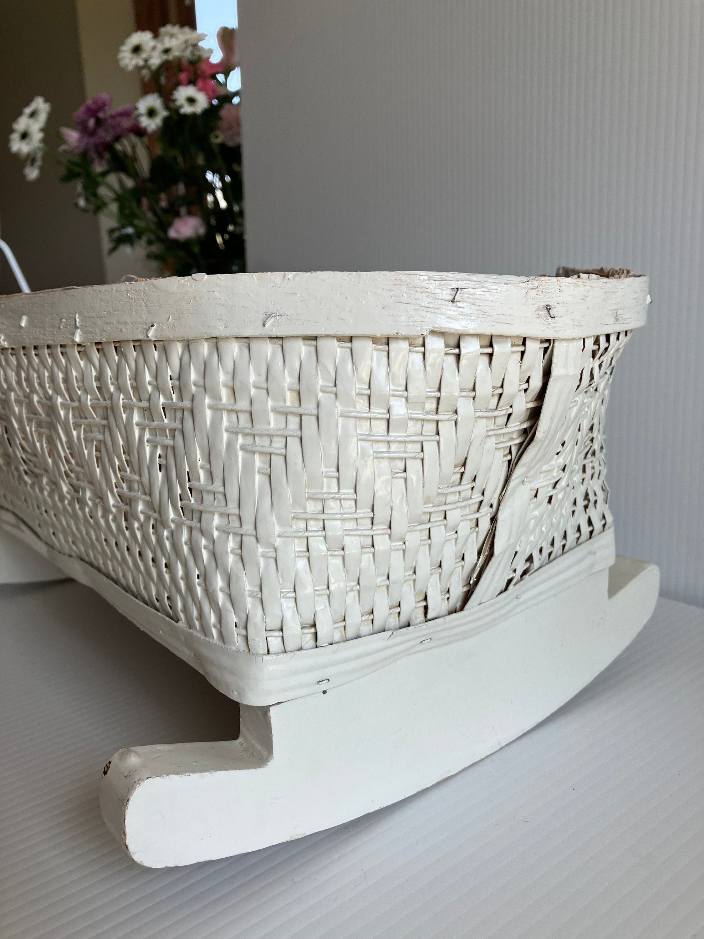 Vintage Wood and Wicker Baby Doll Rocking Cradle Bassinet White on Rockers Etsy UK