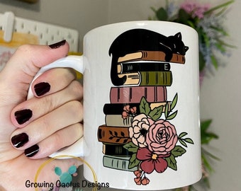 Book Lovers Mug, Cat Lovers Mug, Sleeping Kitty on Books Cup, Mug Gift, Books Mug, Book Lovers Gifts, Cat Coffee Mug, Black Cat Mug, Bookish