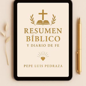 Może przedstawiać: Cyfrowy tablet z kremowym ekranem wyświetla tekst "RESUMEN BÍBLICO Y DIARIO DE FE" złotymi literami, wraz z ikoną krzyża i otwartej książki. Złoty długopis spoczywa obok tabletu.