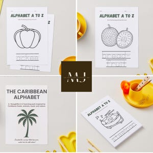 Può includere: Una raccolta di stampabili educativi con illustrazioni a tema caraibico. Le pagine includono l'alfabeto, con disegni di frutta ackee, frutto del pane, una palma e un tamburo steelpan. Il testo include le parole "ackee", "fruit", "breadfruit" e "steelpan".