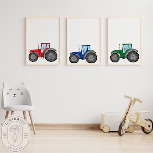 Set of 3 Tractor Prints, Kids Gallery Wall Set, Tractor Wall Art, Nursery Painting, blue, red, green, watercolor tractor wall art, nursery