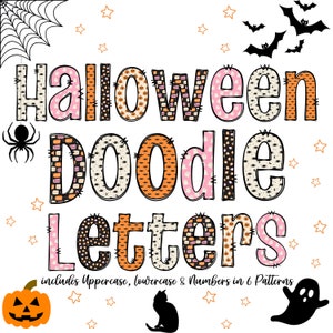 Halloween Doodle letters with Clip Art PNG Files, Make your own Name, Doodle Alpha Bundle, Halloween Clipart Alphabet Doodle Set PNG