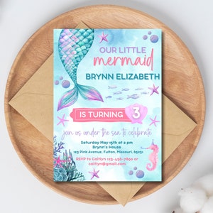 Editable Mermaid Birthday Invitation, Mermaid Invite, Under the Sea Birthday Party, Printable template Digital Instant Download
