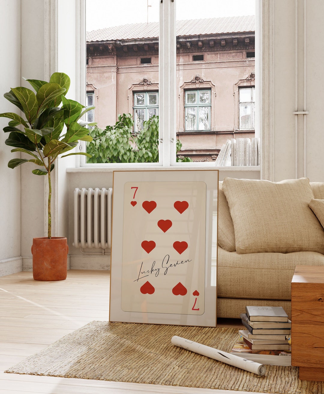 Seven of Hearts Print | Modern Lucky Card Wall Decor | Minimalist Playing Cards Poster | Eclectic Girly Dorm Room Art