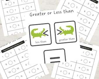35 Math worksheets - greater than or less than - kindergarten - homeschool - printable -  pre-k - kindergarten - number game - math game