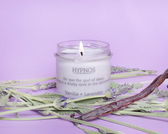 HYPNOS - Vanilla + Lavender Soy Wax Greek Mythology Candle in a glass jar with cap