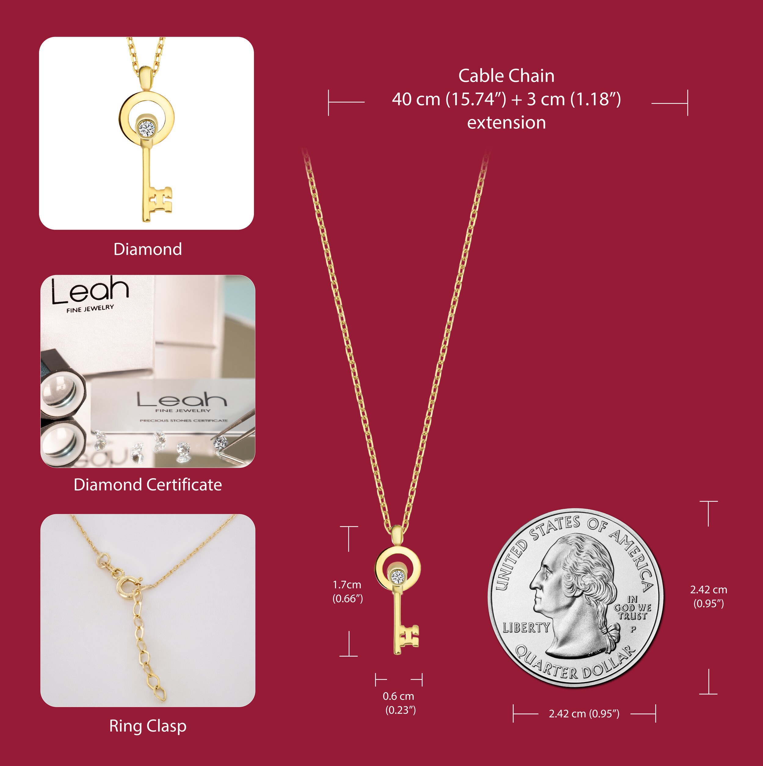 Mini Gold Diamond Key Necklace / 14K Real Solid Gold Key Necklace / 14k