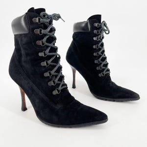 Manolo Blahnik Y2K Retro Negro Gamuza Oklamod Timberland Botín de Punta Puntiaguda IT 38