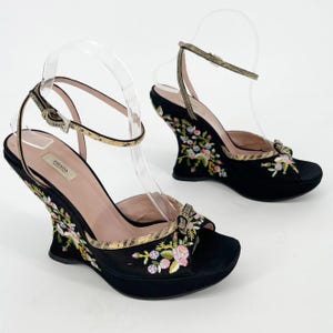 Prada Retro Black Satin Floral Embroidered Snakeskin Platform Wedge Sandal IT 38