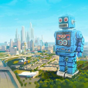 Puede incluir: Un gran robot azul de estilo vintage se alza sobre el horizonte de una ciudad. El robot tiene una cabeza grande y rectangular con dos ojos rojos y una pequeña boca negra. El cuerpo del robot está hecho de muchas piezas diferentes, incluyendo un gran panel de pecho rectangular con una pantalla y botones. Los brazos del robot son largos y delgados, y sus manos son grandes y redondas. Las piernas del robot son cortas y gruesas, y sus pies son grandes y planos.