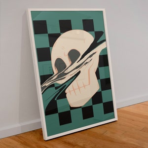 Skull digital download, checkered pattern, trippy art, dark academia, spooky wall art, Halloween print, distorted skull, trendy retro print