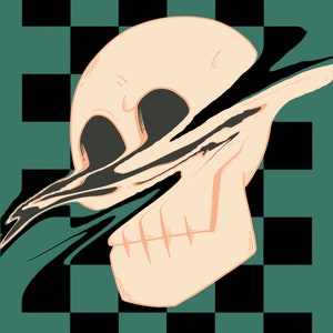Puede incluir: Una ilustraci&oacute;n gr&aacute;fica que presenta un cr&aacute;neo de color beige p&aacute;lido dividido por un efecto de distorsi&oacute;n oscuro y l&iacute;quido. El cr&aacute;neo se sit&uacute;a sobre un fondo de tablero de ajedrez negro y verde azulado, creando un alto contraste visual.