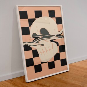 Skull digital download, checkered pattern, trippy art, dark academia, spooky wall art, Halloween print, distorted skull, trendy retro print