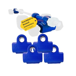 May include: A blue dumbbell to barbell converter and four blue barbell clips. The converter has a yellow tag that reads "Dumbbell to Barbell Converters for 1" bars". The clips have a circular opening and the word "DUALBELL" printed on them.