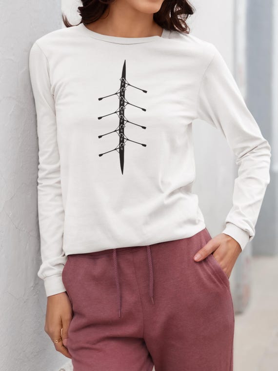 Rowing Shell 8 Oars Long Sleeve T-Shirt White | Crew Team Gift | Eight Man Boat Tee | Rowing Coach Gift | Regatta Apparel | Free Speed