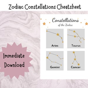 Puede incluir: Una hoja de trucos imprimible sobre las constelaciones del zodíaco con ilustraciones de las constelaciones de Aries, Tauro, Géminis y Cáncer. Las constelaciones se representan con estrellas doradas sobre un fondo gris. El título "Constelaciones del zodíaco" está escrito en cursiva.