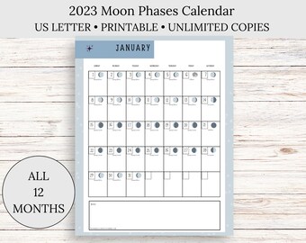 May include: Printable 2023 moon phases calendar in US Letter size. The calendar features a simple design with a white background and black grid lines. Each day of the month is represented by a circle with a gray moon phase illustration.