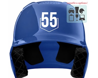 May include: A blue baseball helmet with a white number 55 on the front. The helmet has black earflaps and a white outline around the number.